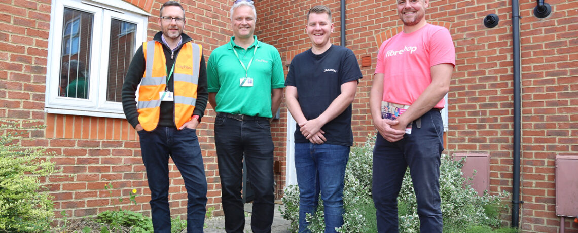 Dan Romani, city build manager at CityFibre; Neil Madle, cityFibre city manager; Daniel Coombes, Fibrehop customer, and Bob Irwin, Fibrehop sales director