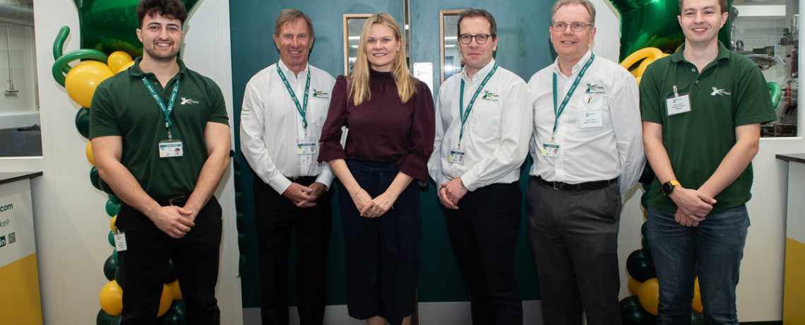The Xtrac Academy was officially opened by Laura Farris, MP for Newbury. She is flanked (l to r) by undergraduate student Sam Ray, president Peter Digby, chief executive Adrian Moore, apprentice manager Warren Page and Masters graduate Henry Durie