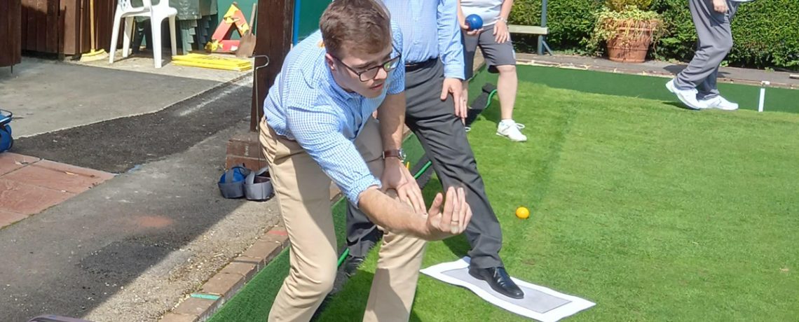 Harry Threlfall and Emerson Phipps of Pebley Beach bowl the first woods of the season at Wroughton Bowls Club