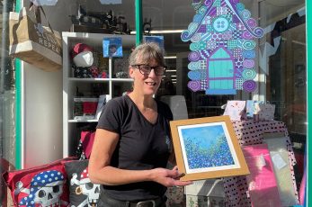 Helen Chapman, Fabric Shack, Malmesbury with Jennifer Storer's art