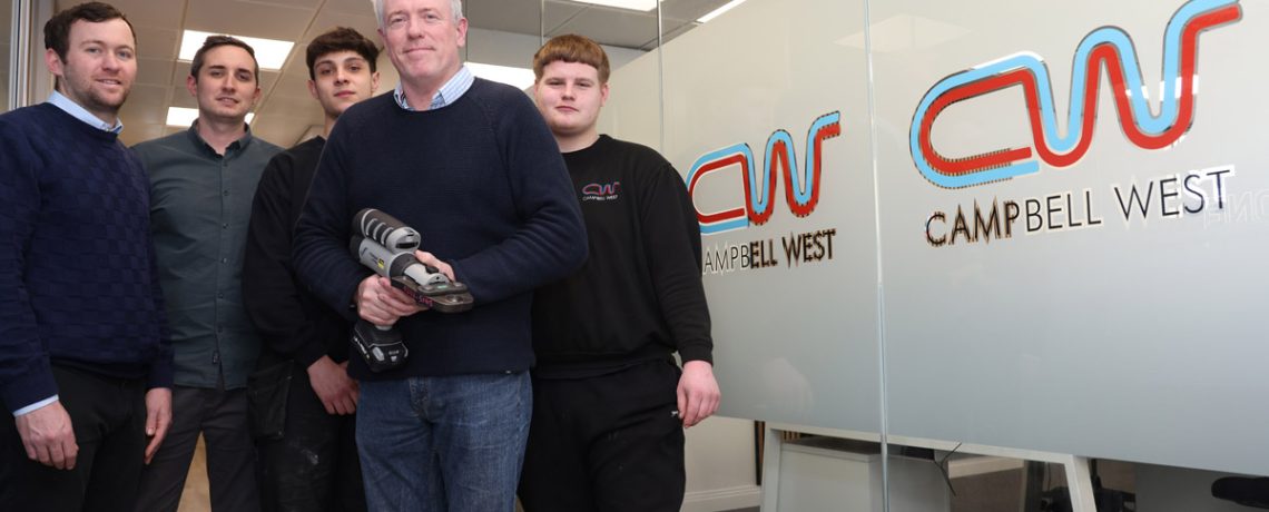 Pictured: Bracknell MP James Sunderland with (from left) Campbell West owners Steven Campbell and Daniel West and new apprentices Jace Heath and Liam Seymour. Photo by Thousand Word Media.