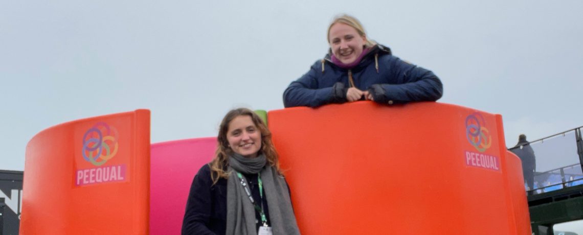 Hazel McShane (left) and Amber Probyn with one of their urinals