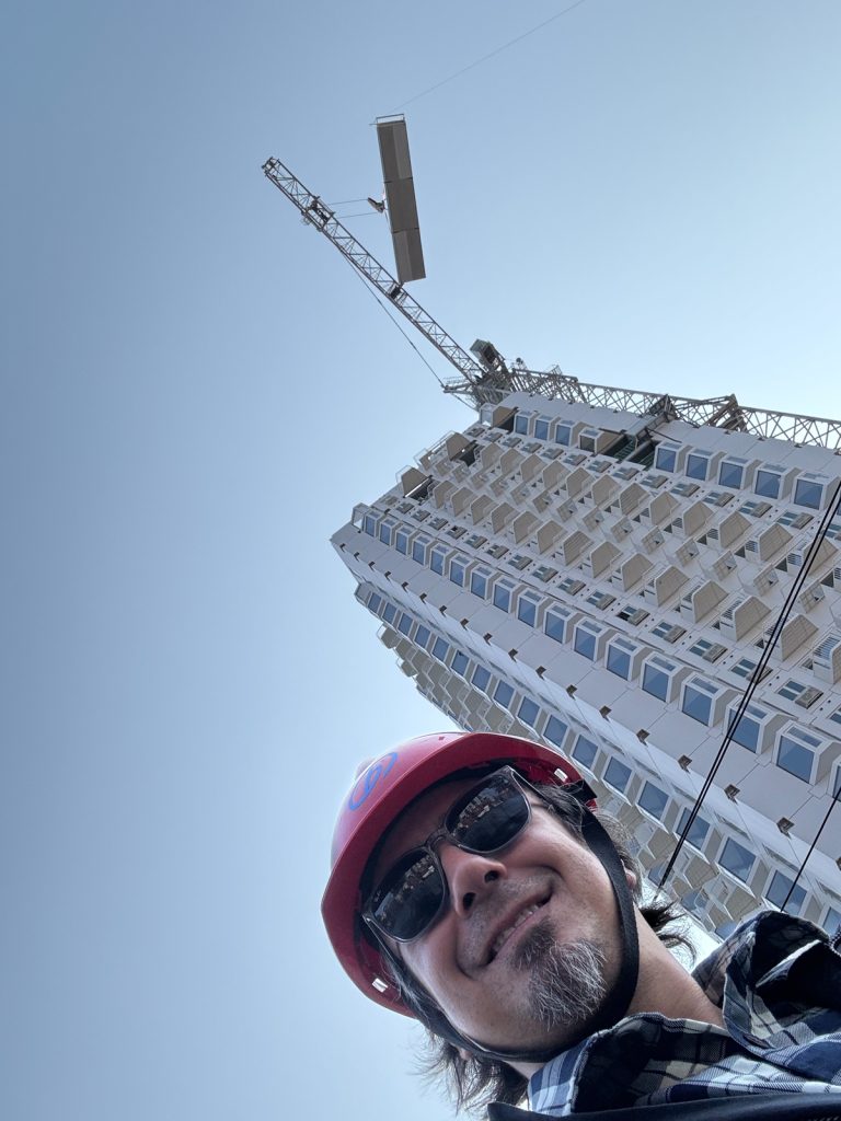 Linus MacLiu at a modular building site in Shanghai