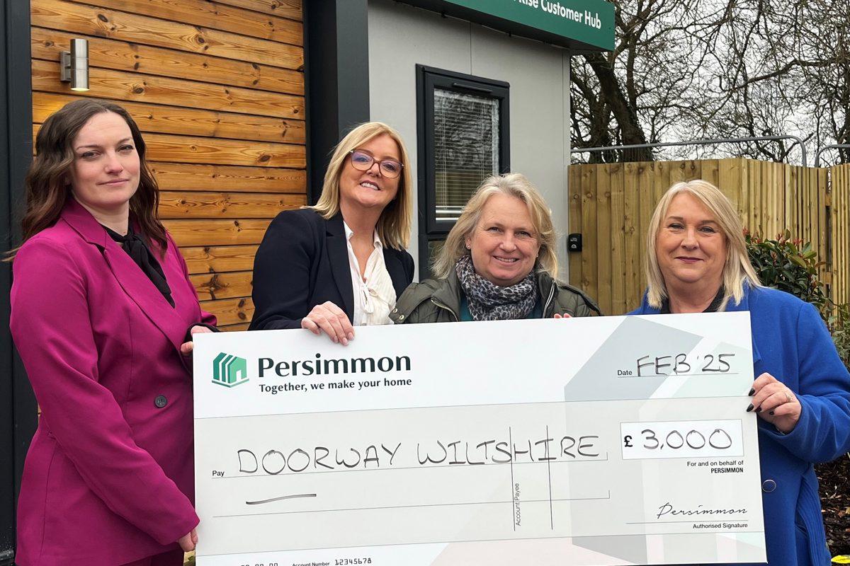 Homelessness charity Doorway Wiltshire has received a cheque for £3,000 from Persimmon Homes Wessex, becoming the latest recipient of the company’s Community Champions scheme.